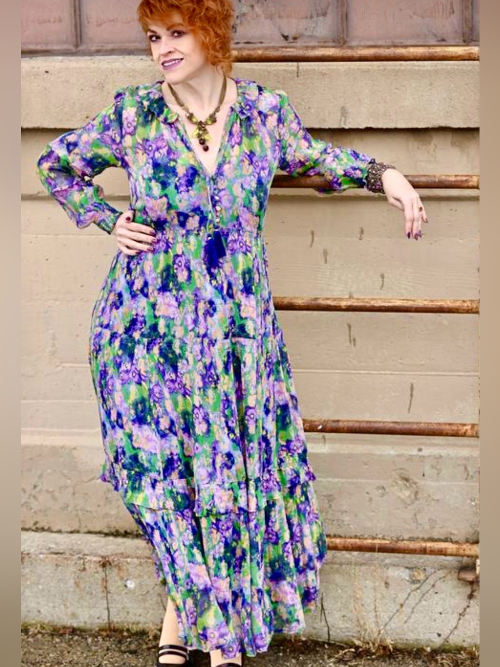 Anthropologie Marais Green and Purple Floral Tiered Maxi Dress size XL - Picture 9 of 15